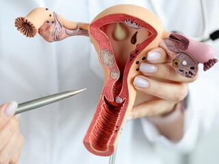 Imagem de um médico segurando um modelo realista do sistema reprodutor feminino