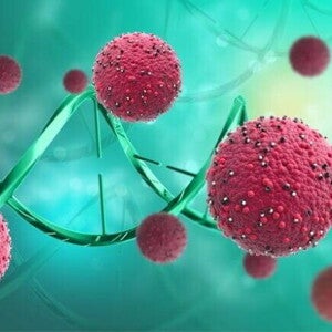Ilustração digital de células vermelhas próximas a uma hélice de DNA em fundo esverdeado. Ilustração digital de células vermelhas próximas a uma hélice de DNA em fundo esverdeado.