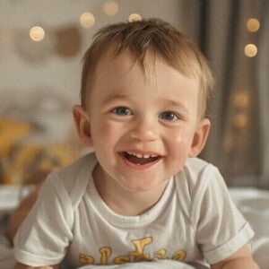 Menino em cima da cama com roupa branca sorrindo