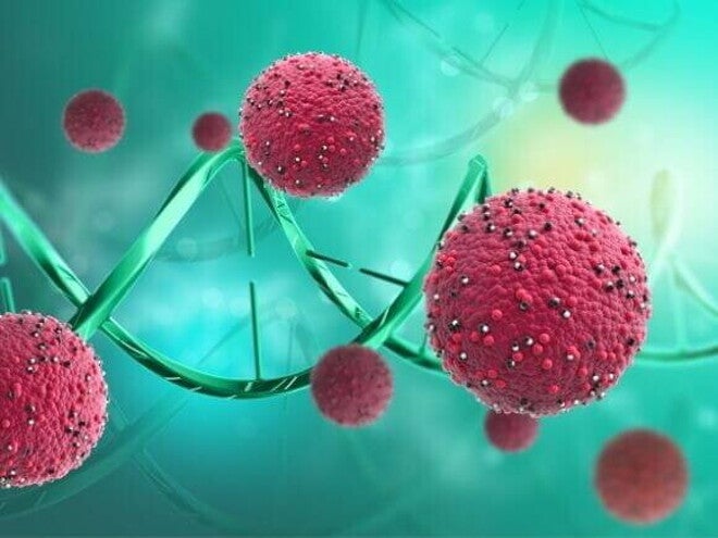 Ilustração digital de células vermelhas próximas a uma hélice de DNA em fundo esverdeado. Ilustração digital de células vermelhas próximas a uma hélice de DNA em fundo esverdeado.
