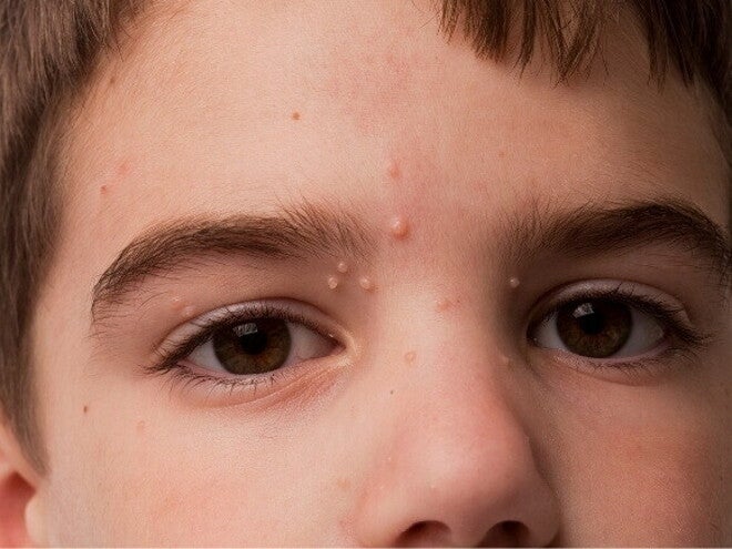 Close-up do rosto de uma criança, com múltiplas pequenas protuberâncias de cor clara, possivelmente lesões de molusco contagioso, visíveis na testa e nas pálpebras. Close-up do rosto de uma criança, com múltiplas pequenas protuberâncias de cor clara, possivelmente lesões de molusco contagioso, visíveis na testa e nas pálpebras.