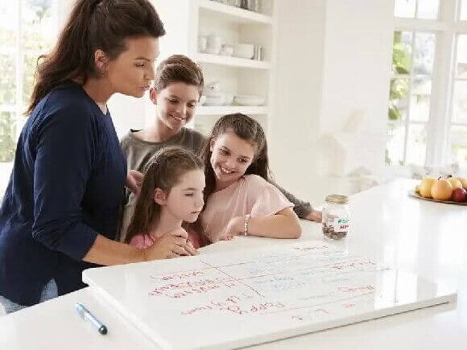 Quadro de disciplina infantil Uma mãe e três filhos olham para um quadro de disciplina infantil apoiado em cima de uma bancada na cozinha