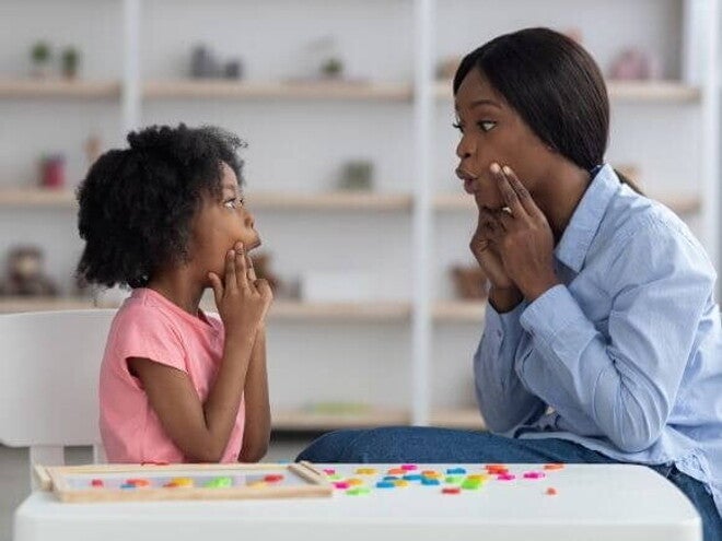 Uma menina e uma mulher sentadas frente a frente, com os dedos sobre as bochechas e as bocas abertas Uma menina e uma mulher sentadas frente a frente, com os dedos sobre as bochechas e as bocas abertas
