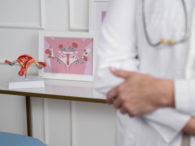 Uma profissional vestindo um jaleco branco em um consultório médico Uma profissional vestindo um jaleco branco em um consultório médico