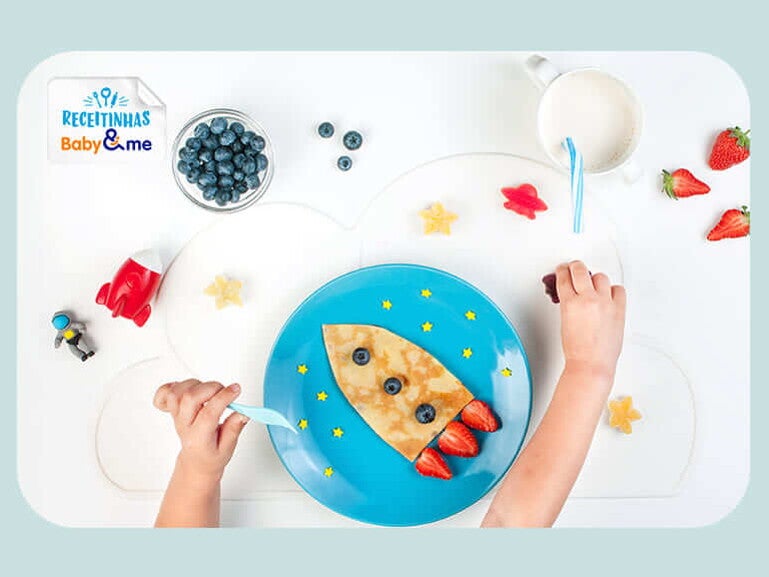 Banner com formas coloridas representando nutrição infantil equilibrada da Nestlé Baby & Me