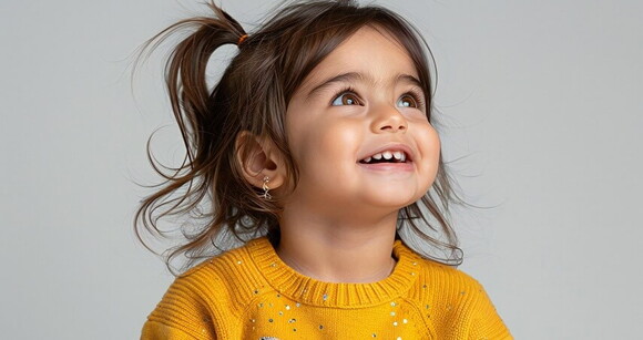 Menina com cabelo preso e moletom com pedras brilhantes olhando para cima Menina com cabelo preso e moletom com pedras brilhantes olhando para cima