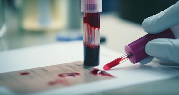 Um técnico examina um frasco de sangue sob um microscópio